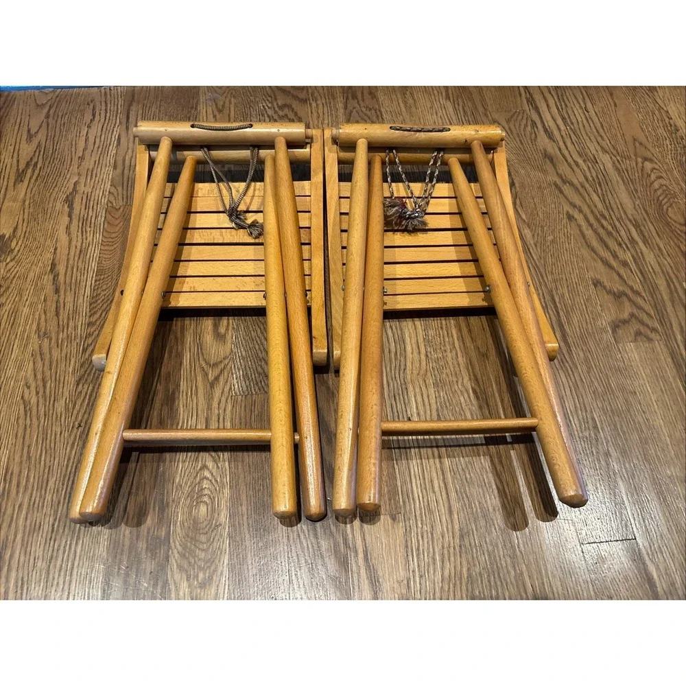 Nevco Yugoslavia Mid Century Modern Slat Wood Folding Camp Stool-Lot Of 2